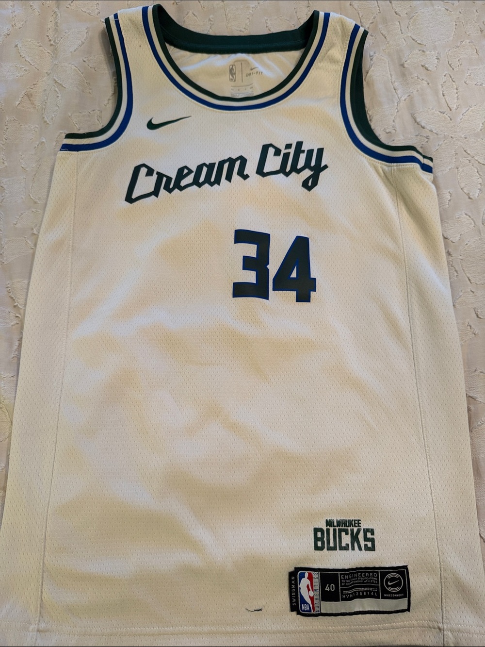 Nike Antetokounmpo Cream City #34 Basketball Jersey with Green & Blue Trim